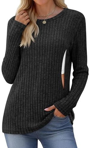 Yearntown Women Nursing Shirt Breastfeeding Long Sleeve Top Ribbed Thermal Sweater with Hidden Zipper Fall Winter Maternity