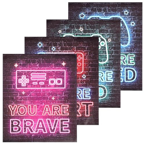 KFHENSOMR 4Pcs Neon Video Game Decor Set 8x10 Kids Boy Room Gamer Hanging Plaques Inspirational Decorations, Encouragement Gaming Wall Art for Teenage Bedroom Playroom Home Decor, No Frames