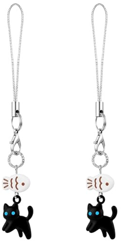 Ymapinc 2pcs Black Cat Phone Charms - Mini Cat+Fish