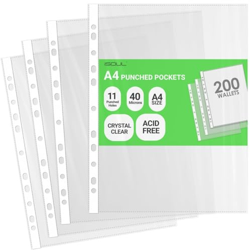 iSOUL A4 Plastic Value Punched Punch Pockets, 11 Hole Heavy Duty File Binder Pockets, 40 Micron Punched Pockets for Documents Folders Filling Plastic Wallets 200 Sleeves