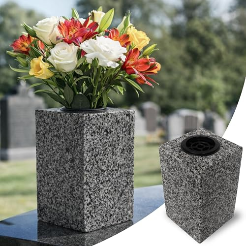 NOVECRAFTO Granite Memorial Vases for Graves, Grey Stone, Removable Insert | For fresh or artificial flowers; heavy construction keeps arrangements stable for cemetery tributes, garden and home display