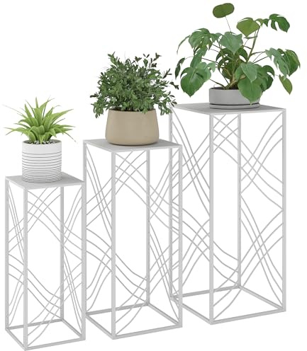 Outsunny Juego de 3 soportes para plantas, 50/60/70 cm de alto, apilables, de metal, estante para flores, taburete, soporte para macetas para salón, jardín, balcón, decoración, color blanco