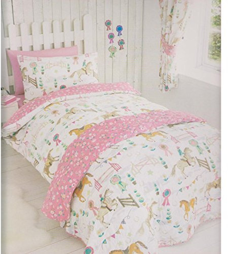 Kids Club Horses Girls Quilt Duvet Cover and 2 Pillowcase Bed Set Kids Pink Floral Reverse, Polyester-Cotton, Double, 12395228