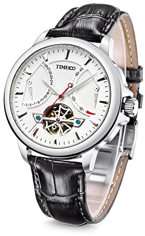 TIME100 Reloj automático para Hombre Navigator-Series Tourbillon-Style Dual Time Zone Calendario de negocios Reloj mecánico Correa de Cuero, Negro, M, Reloj mecánico, automático