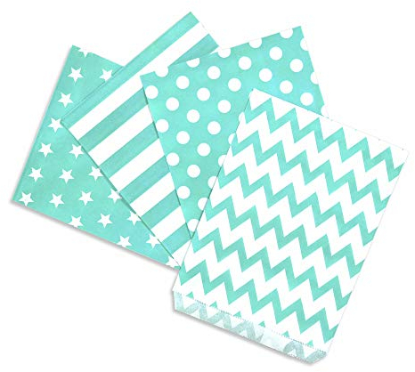 Frau WunderVoll® 100 PAPIERTÜTEN TÜRKIS, Sterne, Streifen, Punkte, Zacken 13 x 16,5 cm, 45 Gramm Papier, flach/Candy Bar, Hochzeit, Kindergeburtstag, Papiertütchen, Candybag, Tüten, Mitgebseltüten