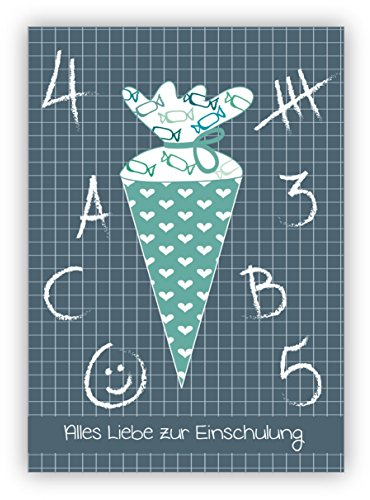 Kartenkaufrausch 1 Niedliche Einschulungskarte mit hellblauer Schultüte und ABC: Alles Liebe zur Einschulung • lustige Grußkarte mit Umschlag, hochwertig und schön