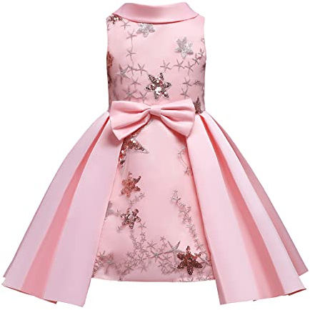 Cichic Girls Party Dress Kids Elegant Satin Round Neck Sleeveless Dress Wedding Flower Girl Gown Puffy Tulle Birthday Dresses for Girls Toddler Pink 3-4 Years