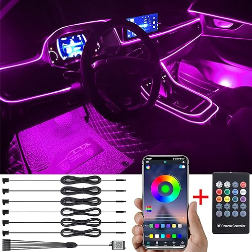 TABEN Kit de iluminación Ambiental para automóvil 8m Fibra óptica 64 Colores Controlador Remoto RF + Control de aplicación USB Luz Ambiental para automóvil, Bricolaje RGB Sonido Música Sincronización