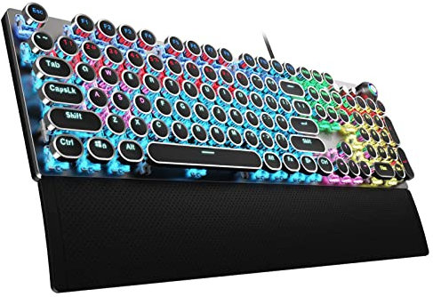 AULA F2088 Typewriter Style Mechanical Gaming Keyboard Blue Switch, with Removable Wrist Rest, Media Control Knob, Rainbow Backlit, Retro Punk Round Keycaps, 108 Keys Wired Computer Keyboard, Black
