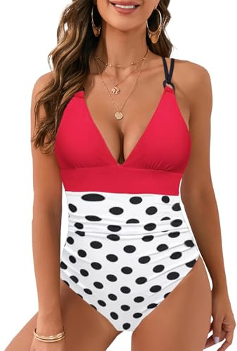 JFAN Bañador Mujer Reductores Traje de Baño de Una Pieza Sexy con Cuello en V Profundo Elegante Ropa de Baño Push Up de Playa，Rojo + Lunares XXL