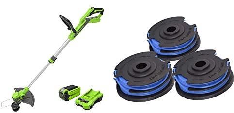 Greenworks 40V Tagliabordi con Ruota a Batteria per Giardini Piccoli e Medi & 3 pezzi rocchetto doppio filo 29187 per tagliaerba Greenworks 40V G40LT G40LTK2 G40LTK2x