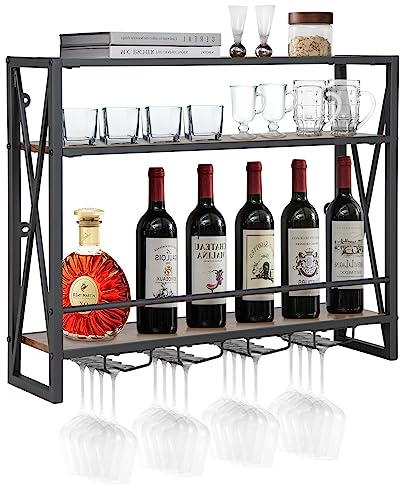 COSTWAY 3 Ebenen Weinregal Wand, Flaschenregal Holz mit Metallrahmen, mit 4 Reihen Weingläserhalter, Industrial Design, ideal für Zuhause, Bar, Küche, Restaurant