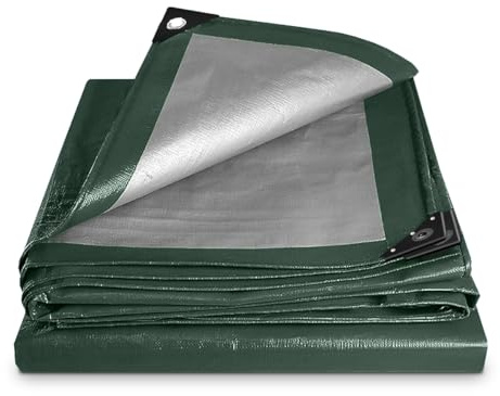 Green-Silver Tarpaulin Sheet Cut-Size 3m x 3m Mediumweight PE Plastic Tarp 140gsm Water-Resistant Ground Sheet Multipurpose Tarpaulin Covers used for Garden Furniture Shed Camping (10ft x 10ft)