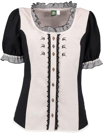 OS Trachten Kurzarm Trachtenbluse mit Rundhalsausschnitt Shine, Größe:48, Farbe:Natur