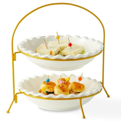 XINLTC Soporte para Tartas 2 Pisos, Soporte de Pastel de 2 Niveles, Bandeja de Tartas, Expositor Soporte Plato de Frutos Postre, para Tartas Cupcakes, Boda Fiesta Cumpleaños, Dorado