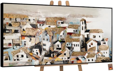 YS-Art Cuadro pintura abstracta hecho a mano enmarcado Casas al sol Paisaje urbano Colores claros con dorado Pintado en acrílico 120x60 cm