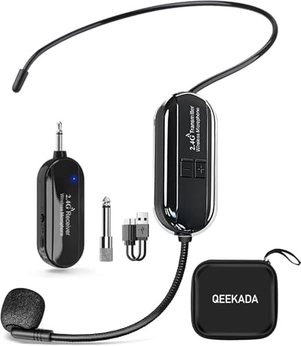 QEEKADA Micrófono Inalámbrico Diadema, 2.4G Micrófono de Diadema Inalámbrico 2 en 1, Alcance 50M, Microfono Profesor inalambrico,para Guía Turístico, Amplificador de Voz, Sistema PA