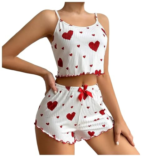 Gatamiau Pijamas Mujer Verano Corto con Estampado de Corazón Camiseta sin Mangas y Pantalones Cortos, Ropa de Dormir Sexy Conjunto de Pijama Suave y Cómodo Sleepwear Lindo (Blanco+Rojo, XL)