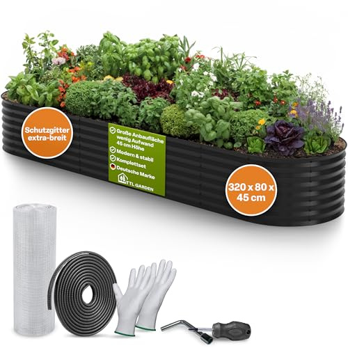 TTL GARDEN 320 x 80 x 45 cm Elegance XL - Bancal alto de metal antracita - acero inoxidable galvanizado y lacado gris - Chapa ondulada ovalada forma muy estable jardín bancal para verduras hierbas