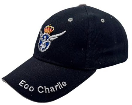 Tacro Gorra de Piloto Eco Charlie con Corona y Alas Bordadas, Negro, Ajustable, con Detalle de Bandera Española