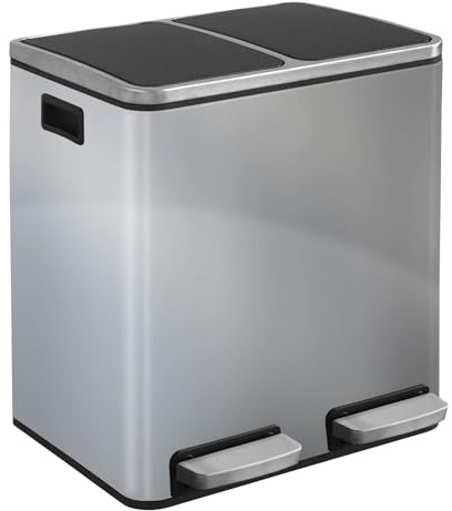 KARAT Mülleimer Küche 2×30L Edelstahl | 2-Fach Mülltrennsystem, Treteimer Küche, Metall, Soft-Close, luftdicht, Kunststoff-Inneneimer, Klappdeckel – (Felix)