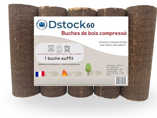 DSTOCK60-5 Bûches de Bois de hêtre compressé – Lot de 5 bûchettes de 28cm (10 kg) – 100% sciure française Non traitée – Longue Combustion 2h30 – Haute Performance énergétique (PCI 4,6 kWh/kg)