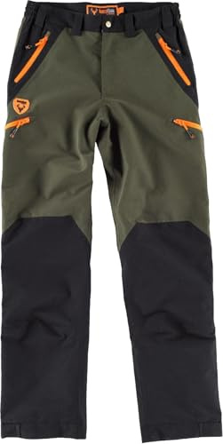 WORKTEAM Pantalón de Caza Impermeable Hombre, Poliéster Forrado, Rodillas Preformadas, Bolsillos con Cremallera Oculta, Bajos Ajustables, Ropa Outdoor Resistente Verde Caza + Negro 3XL