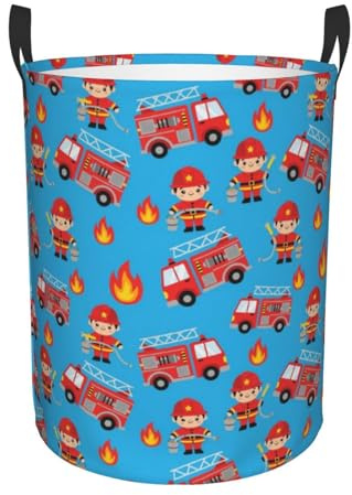 Large Foldable Laundry Basket Red Fire Truck Cartoon, Waterproof Hamper with Handles for Clothes, Towel Organization at Home