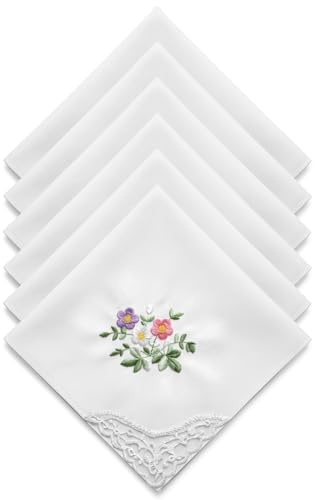 RAHHLIZS 6 st bomullsnäsdukar för kvinnor spets näsdukar damer blomma broderade näsdukar vit mjuk brud näsduk för bröllopsfest och daglig användning