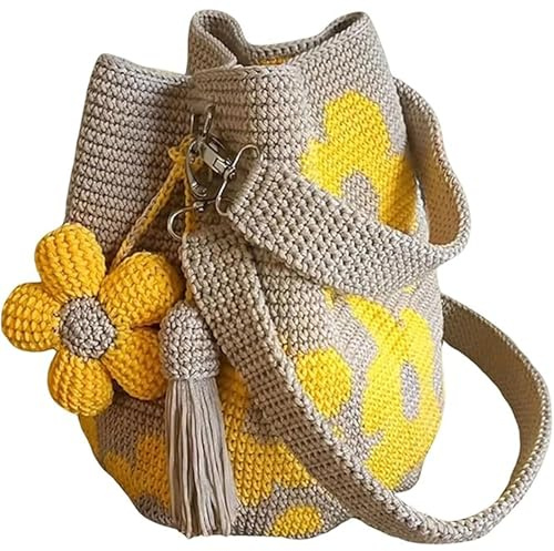 Bolso de mano hecho a mano con flores de ganchillo para mujer, bolso de hombro floral de punto bohemio con dije de borla para playa, compras, viajes y uso diario, Amarillo