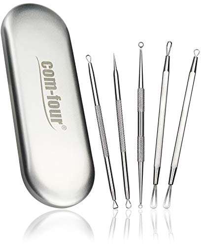com-four® Set Rimuovi Punti Neri – Kit di 5 Strumenti in Acciaio Inox per la Pulizia del Viso, Blackhead Remover – Estrattore di Comedoni, Brufoli e Impurità per Una Pelle Pulita