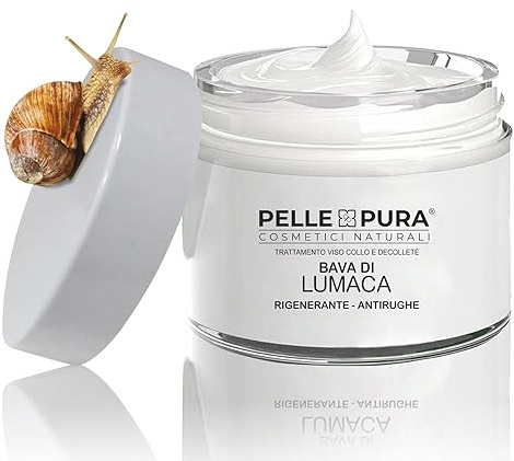 Snigelskig rent läder ansiktskräm rik på vitamin E, anti-rynk, anti-aging, regenererande, fuktgivande, töjbar med extrakt av naturligt sheasmör 50 ml tillverkat i Italien