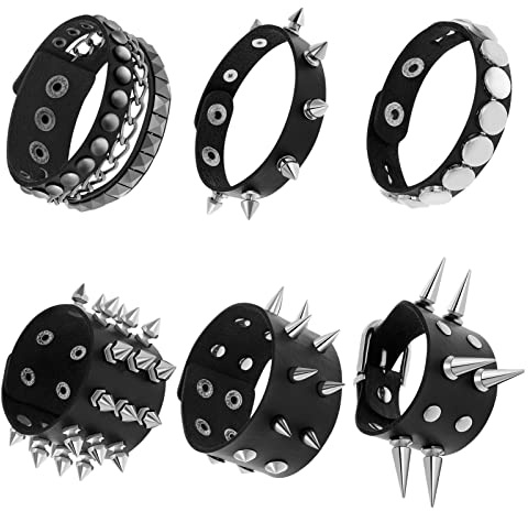 6 Pcs Unisex Black Metal Spike Studded Punk Bracelet Leather Rivets Bracelet Cuff for Mens Womens Rock Vintage Gothic Style Adult
