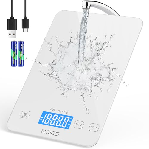 KOIOS Kitchen Scale, 33lb/15kg Digital Food Scales Weight in Grams and Ounces for Cooking Baking, 1g/0.1oz Precise Graduation, Batteries and Type-C Charging, Tare Function, LCD Display, White