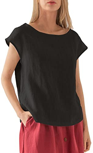Amazhiyu Womens 100% Linen Casual Cap Sleeve Tops Basic Summer Loose Fit Blouse Black， Small