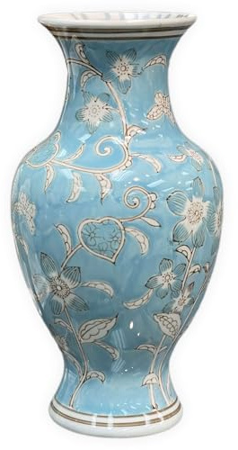 Galt International Light Blue and White Flower & Heart Chinoiserie Ceramic Vase 14- Hand Painted Antique Style Porcelain Flower Bottle Fishtail Porcelain Chinese Vase for Home Decor Centerpiece