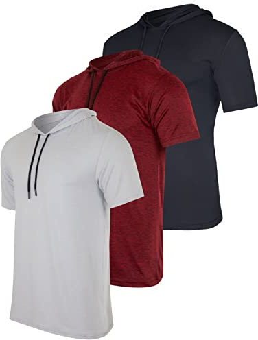 Real Essentials 3 Pack: Men's Dry Fit Short Sleeve Active Athletic Hoodie Pullover Sweatshirt (Available in Big & Tall)- Set 9, M