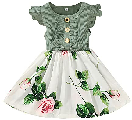 Routefuture Enfant en Bas âge Bébé Filles Robe à Volants à Manche Courte Bowknot Robes Décontractées d'été Petite Filles Vêtements Tenues Printemps été Jupe (Vert,4-5 Ans)