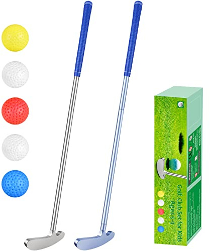 Wassteel Kids Golf Clubs-6063 Aluminum Alloy Golf Putter for Kids Left Handed Golf Set, Indoor/Outdoor Two - Mini Putters Golf Gifts for 5 6 7 8 9 Year Old Boys Girls & 5 Plastic Balls-Silver&Blue