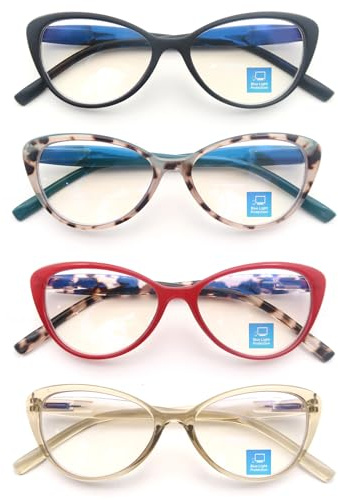 MODFANS Un Pack de 4 Gafas de Lectura Mujeres Anti Luz Azul,Lente Clara,Vision Clara - Ligeras Comodas,Colores Mezclados