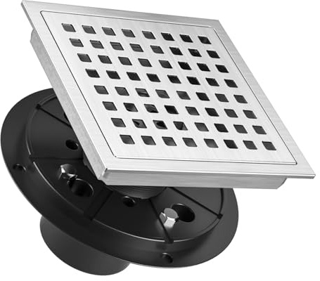 Bmvlffs 6 Inch Square Shower Drain Chrome with Removable Quadrato Pattern Grate, SUS 304 Stainless Steel Floor Drain with Flange