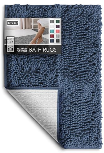 Hearth & Harbor Bathroom Rugs, Chenille Bath Mat - Machine Washable Bath Mats for Bathroom Non-Slip Backing Rubber, Quick Dry Bathroom Mat, Small Navy