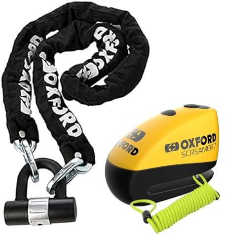 Oxford HD Motorcycle Chain Lock Motorbike Scooter Security + Oxford Screamer 7 Alarm Disc Lock Black Yellow + Reminder Cable (Black, 1.5m)