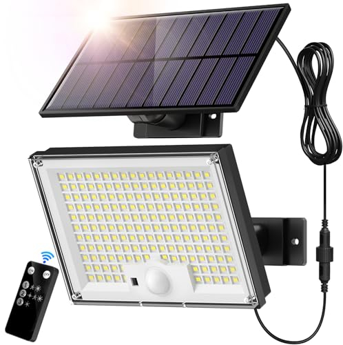 SIGRILL Solarlampen mit Bewegungsmelder 172LED , Solar Strahler IP65 Außenwandleuchte, Gartenleuchten mit 5m Kabel, Solarleuchten für Außen, Garage
