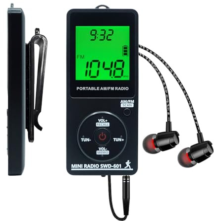 AM/FM Personal Portable Mini Radio with Digital Tuning LCD Display and Backlight Time, SWDSTP Rechargeable Pocket Radio with Earphone and Belt Clip for Walking, Jogging