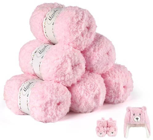 ilauke Fluffy Yarn 6x50g, Pink Fluffy Wool for Knitting, Flutterby Chunky Yarn for Crochet, Soft Wool for Blanket, Baby Clothes, Dolls, Rug