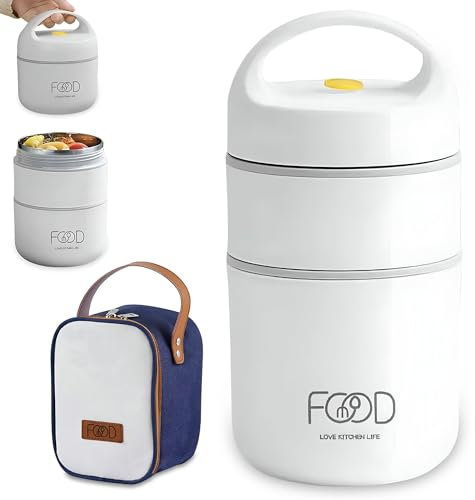 Lonchera semi termo para dos comida (660 ml) (blanca). Recipiente semi térmico adecuada para llevar comidas sin BPA con bolsa aislante de transporte para la comida del niño o adulto.