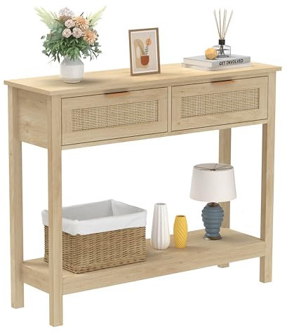 Trironsun Boho Rattan Konsolentisch mit 2 Schubladen 2-stöckiger Eingangstisch Bauernhaus Holz Sofa Tisch mit offenen Lagerung Regal für Wohnzimmer Flur Foyer
