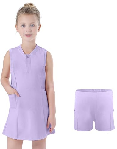 Bezioner Vestido Tenis Niñas Cremallera Vestidos Deportivos con Pantalones Cortos Bolsillos Vestidos Padel Línea A Ropa Golf Morado 150