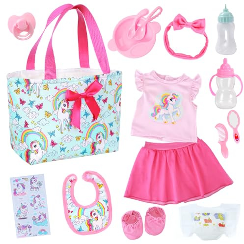 ZITA ELEMENT 15 Pcs Baby Diaper Bag and Baby Doll Clothes for 16-18 Inch Baby Dolls,Baby Dolls Feeding and Caring Set Includes Doll Clothes,Bottles,Pacifier, Bib, Diaper,for Birthday Gift(No Dolls)